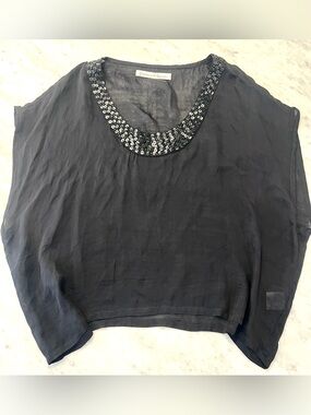 Graham & Spencer Black Semi-Sheer Embellished Neck Blouse (S)